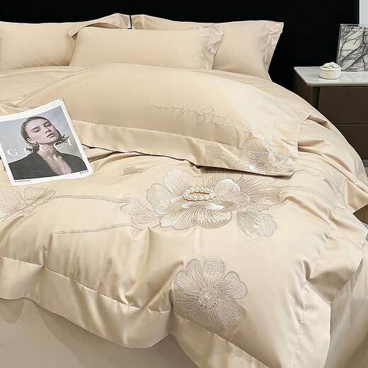 Mercury Series Light Luxury 200 Count Class A Long Staple Cotton Four-piece Set Pure Cotton Skin Friendly Sheets and Quilt Covers European Style Naked Sleeping Cotton Bedding Millennium-Millennium Pink 1.8m Fitted Sheet Suitable for Quilt Core 200x230