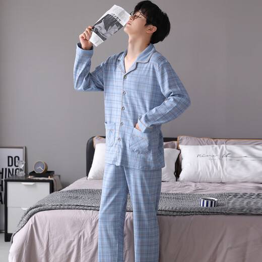 Cat Man Pure Cotton Pyjama Herren Frühling und Herbst Langarmhose großer Größe lässig losen Heimkleidung Set Alle Baumwolle können äußere Verschleiß 3880 Hellblau 3xl [vorgeschlagen 170-190jin [Jin gleich 0,5 kg]]]