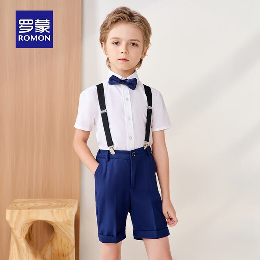 罗蒙儿童背带礼服套装男童礼服钢琴演出服中大童英伦风 藏青套装 160