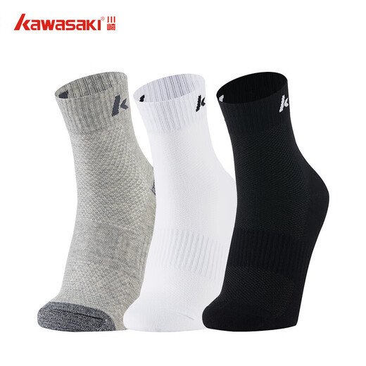 kawasaki川崎羽毛球袜男毛巾底运动短袜子A6102（三双装)  白灰黑 均码 