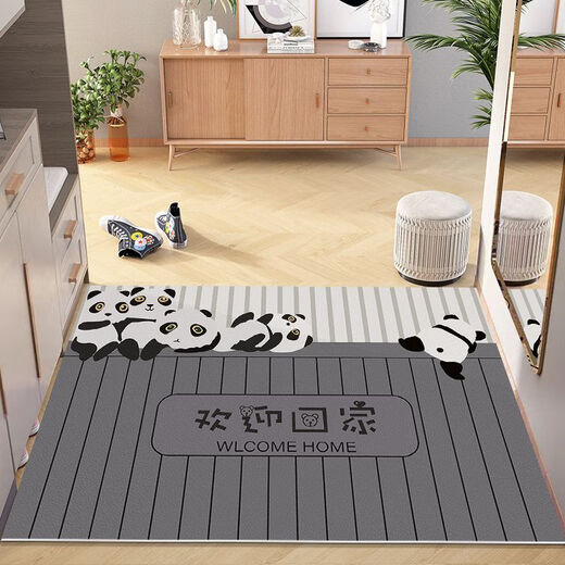 Beiyan no-wash door mat entry door mat PVC cute cartoon home entrance carpet can be cut and stain-resistant mat Five Pandas-Welcome Home Width 100*Length 140cm Stable fit