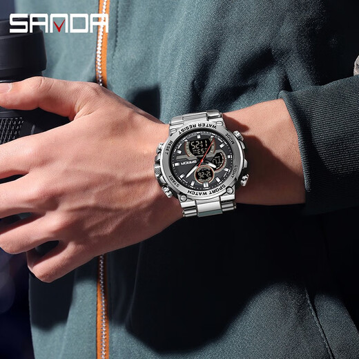 
SANDA electronic watch male student waterproof sports junior high school student Chinese Valentine's Day gift for boyfriend 6175 black silver