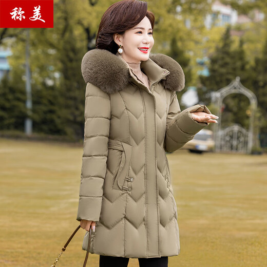 称美妈妈装秋冬季加绒厚棉衣连帽外套60岁中老年女装棉服时尚修身棉袄 3524卡其色 XL 适合105斤以内