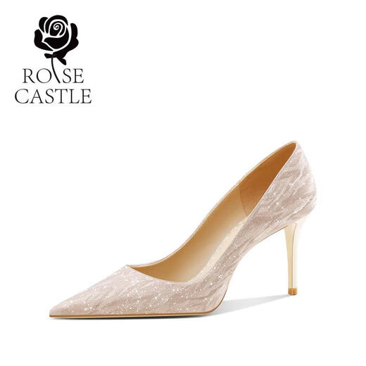ROSE CASTLE水晶婚鞋女金色高跟日常婚纱两穿新娘订婚鞋敬酒单鞋 浅金色6.5cm6996 35