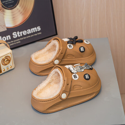 Children's removable clogs with velvet lining and plush cotton cover can replace removable and washable warm slippers with fur lining, coffee color 38.5 (suitable for feet 38-39)