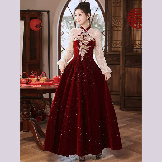 Li Baixin Chinese style cheongsam toasting dress 2025 new bride wedding luxury autumn and winter red wedding dress engagement dress spring burgundy long style L recommended 100-110Jin Jin equals 0.5 kg