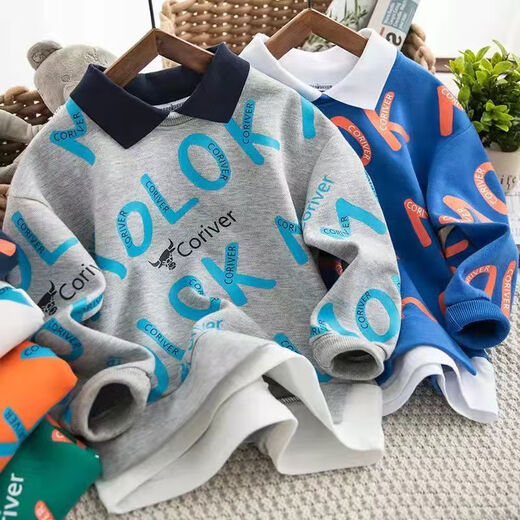 童装男童卫衣翻领POLO衫炸街儿童上衣春秋款2025中大童打底衫T恤 灰色 100 100cm