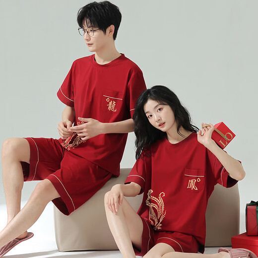 LangSha couple pajamas summer pure cotton one man and one woman red festive short-sleeved shorts high-end wedding boxed home clothes 7018 dragon and phoenix in auspiciousness female M + male L