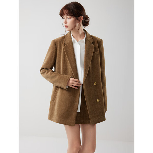 ELLE Caramel Warm Brown French Contrast Corduroy Suit Jacket Women's 2025 Winter New Silhouette Suit Light Brown S