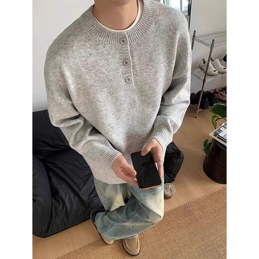 Shelley Jones Gray American Henley Collar Sweater Men's Autumn and Winter Premium Lazy Style Bottoming Sweater Cleanfit Jacket Light Gray XL Recommended 125-145 Jin Jin equals 0.5 kg