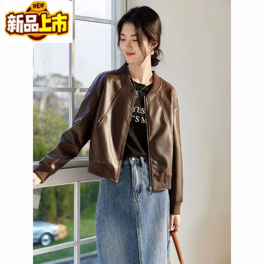 初径（CHUJING）美拉德小个子短款皮衣2024春秋新品气质机车棒球夹克皮衣休闲外套 黑色 收藏商品优先发货 M 95-105斤