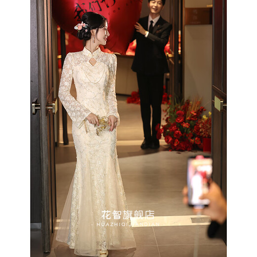 ACJK New Chinese Style Cheongsam Toast Wear Bride 2025 New Engagement Dress Women Mermaid Wedding Beautiful Summer Champagne Color_Long Sleeve Long Version 2XL