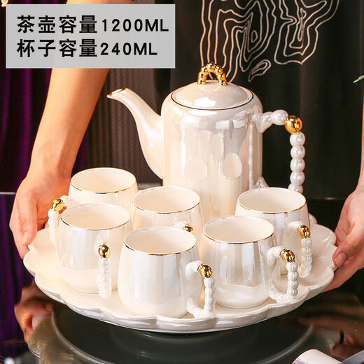 Ruishun Light Luxury Water Set Tea Cup Set Cup Tea Set Water Set Home Nordic Style Housewarming Gift Large Capacity Water Cup Pearl White Lace Rotating Tray (Gift Box)