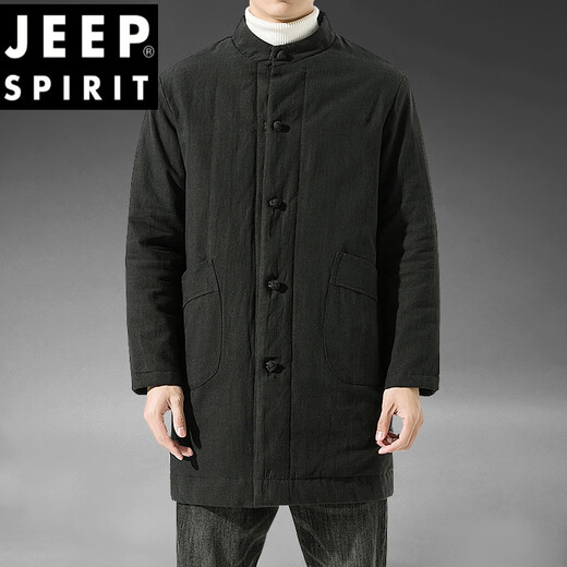 JEEP SPIRIT Winter Chinese Style Mid-Length Hanfu Men's Loose Cotton Clothes Linen Tang Suit Retro Style Cotton Clothes Thickened Cotton Jacket Brown Color 3XL