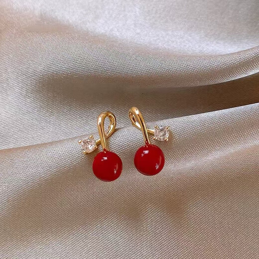 Bai Qixin red acacia earrings imitation zircon earrings for women versatile niche design light luxury high-end temperament new year earrings red acacia earrings a pair