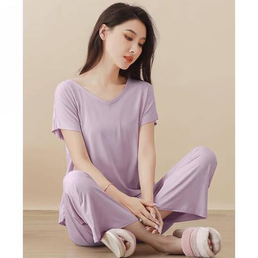 Pijama modal para mujeres en verano estilo delgado modal de manga corta con almohadillas en el pecho pantalones de nueve puntos para ropa para aire al aire libre juego de ropa para el hogar seda fría sensación 841 púrpura (con almohadillas en el pecho) l