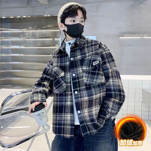 Boys' coat all-in-one velvet 2025 new children's outer shirt autumn and winter fashion woolen plaid top for big children TZ-3124 plaid hooded jacket - red 140 cm suitable for height 130-140cm