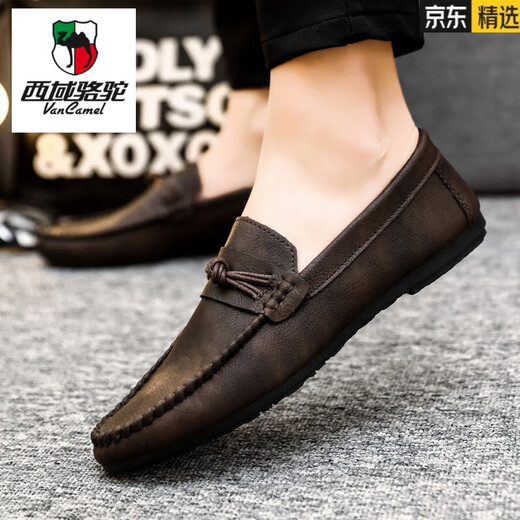 
Western Region Camel (VANCAMEL) Men's Bean Dog Shoes Korean Business Work Casual Leather Shoes Breathable and Versatile Anti-Slip One-Pin Men's Shoes 2025 Summer D826 Black + Height Enhancement Pad 39 Small