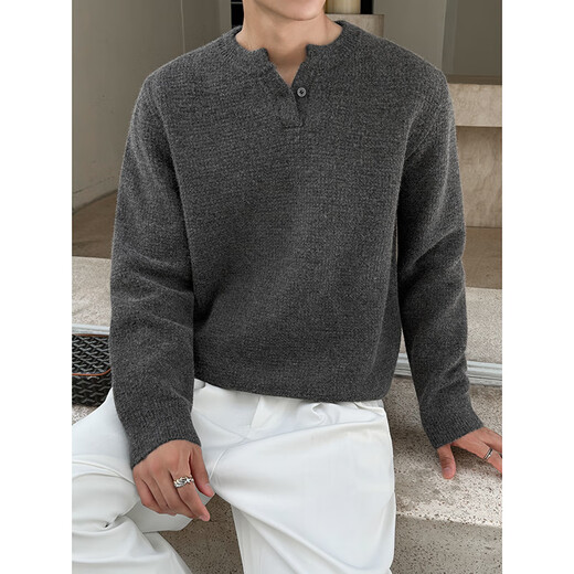 Kuraishi Kazuki American pineapple check Henry collar sweater men's autumn and winter loose casual warm trendy versatile base layer beige L