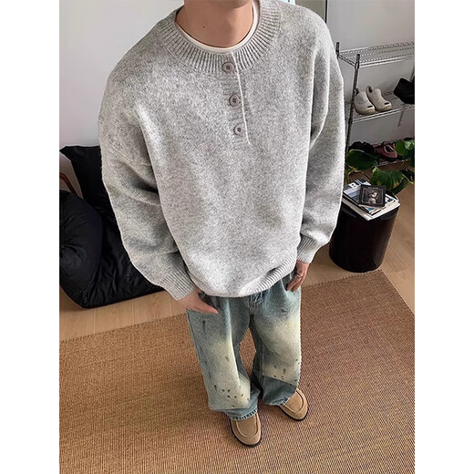 Shelley Jones Gray American Henley Collar Sweater Men's Autumn and Winter Premium Lazy Style Bottoming Sweater Cleanfit Jacket Light Gray XL Recommended 125-145 Jin Jin equals 0.5 kg