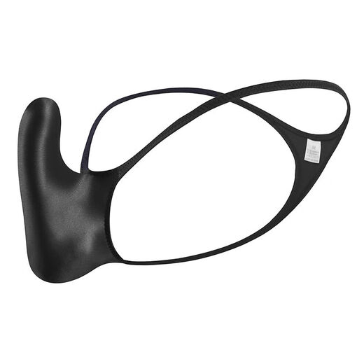 Glossy and sexy men's thong with convex upturned pocket underwear, shiny and silky tight low-waisted thin-strap T-pants, titanium gray XL