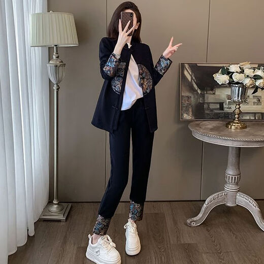 Fenling Herbst-Outfits Damenanzüge 40 bis 50 Jahre alt, hochwertiger, leicht fetter Tang-Anzug, neuer chinesischer Stil, Nationalstil 2024, neuer Frühlingsanzug 1048#, komplettes Set aus Hosen und Oberteil 4XL (empfohlen 160–180 Jin Jin entspricht 0,5 kg)