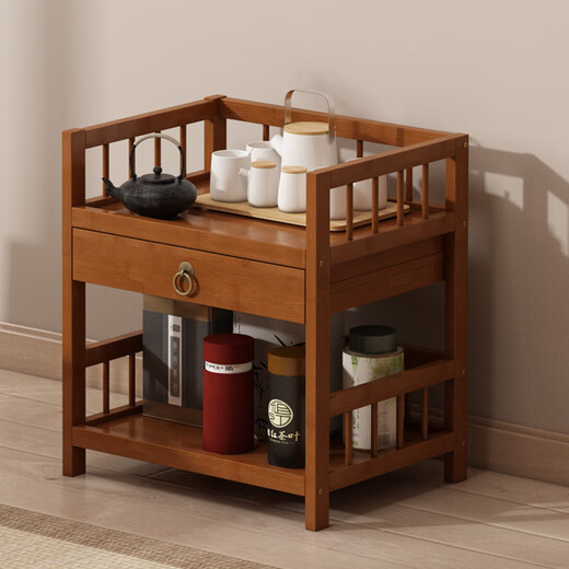 Kang Qianqiu tea cabinet storage rack bamboo wood small Bogu rack living room tea side cabinet tea room multi-layer tea set storage storage display rack with drawer 52 long three-layer multi-functional storage rack