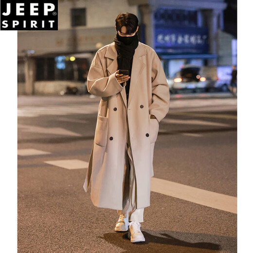 JEEP SPIRIT British style woolen coat men's mid-length winter thickened Korean style handsome high-quality over-the-knee woolen windbreaker jacket off-white XL