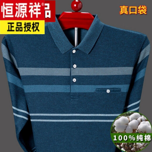 恒源祥男士纯棉有口袋长袖t恤中老年秋衣宽松全棉爸爸polo保罗衫 T9901--兰色 180/2XL【建议150--170斤】