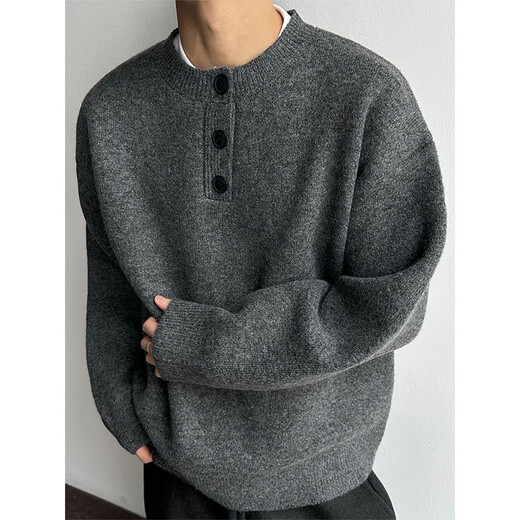 Yuyong Light Gray Henley Collar Plush Sweater Men's Winter Lazy Style Knitted Sweater American Retro Wool Sweater Light Gray Upgraded 90% Buyers Choose XL