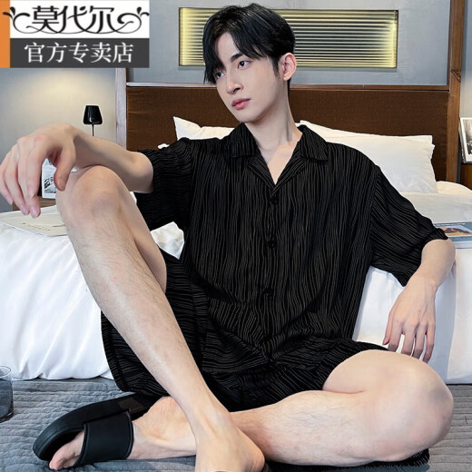 莫代尔睡衣男士夏季冰丝短袖薄款夏天黑色冰丝夏款可外穿家居服套装 【冰丝】S1381男 L