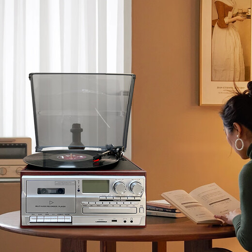 Heritage family tape player, vinyl CD all-in-one multi-functional antique tape player, vinyl record player, retro gramophone, Bluetooth audio, home living room ornaments, vinyl tape all-in-one machine, mahogany color (silver panel)