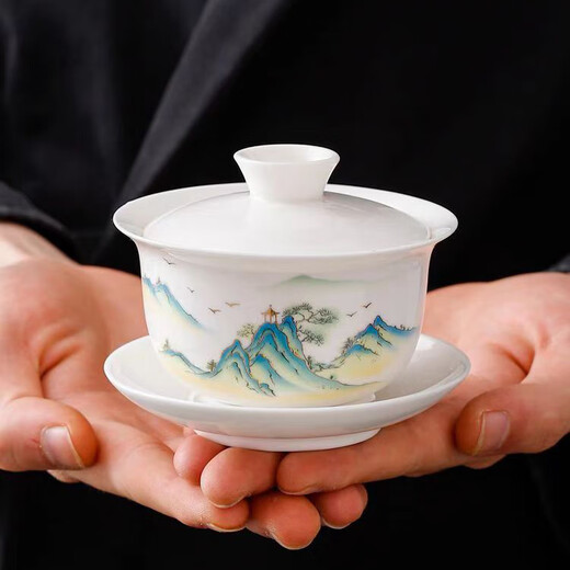 Suet-fat jade porcelain ceramic covered bowl single hover tea cup blue and white Kung Fu tea set lid suspended tea bowl
