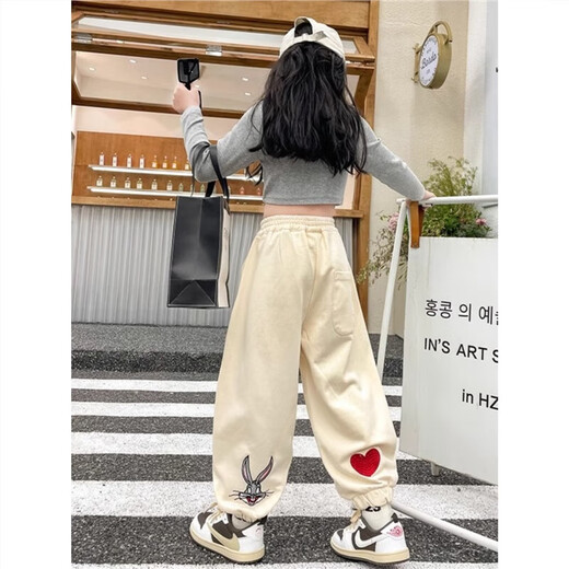 Girls' pants autumn and winter sports rabbit 2025 new children's plush girls' trousers large children's tying feet trousers autumn NN-A983 [Apricot color] spring and autumn style 150cm