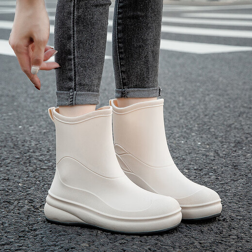 小回力家日系雨鞋女款时尚外穿防滑雨靴国潮新款工作胶鞋女士漂亮水鞋 858-1米白不加棉 标准码 36