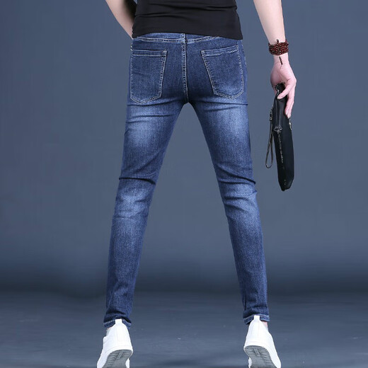 酷人头（KuRenTou）深蓝色牛仔裤男2025新款潮流百搭修身小脚男士休闲长裤春夏男裤子 JDS9905蓝色 34
