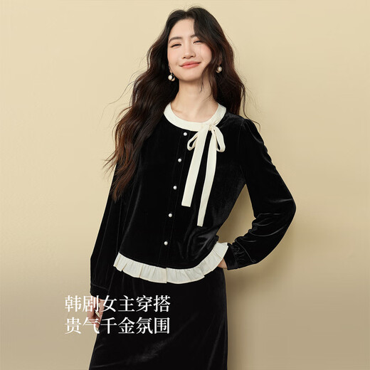 Xishijie (sllsky) Korean Style Thousand Gold Bow Velvet Shirt Women's Autumn and Winter Contrast Color Round Neck Wood Ear Trimmed Chic Shirt Modern Black L