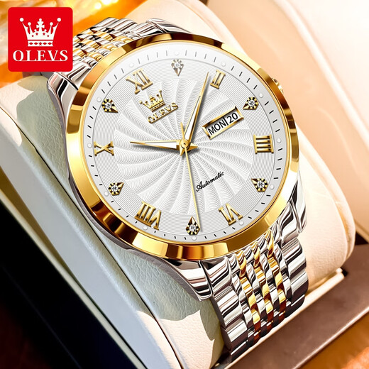 OLEVS Swiss Certified Watch Mechanical Watch Mechanical Watch Totalmente automático Luminoso Water's Watch Doble Calendar Business Watch Olevs-6630 Steel White