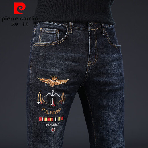 皮尔卡丹（pierre cardin）香港男士针织牛仔裤春秋冬新款时尚刺绣花弹力修身休闲百搭小脚裤 浅灰色6628 32 (2尺5)