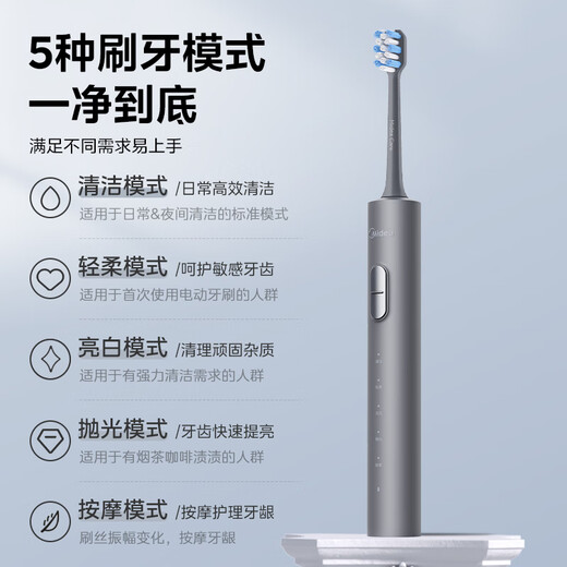 美的（Midea）电动牙刷S1PX星空灰成人/学生 4支刷头 180天超长续航 磁悬浮声波马达 生日节日送父亲节礼物