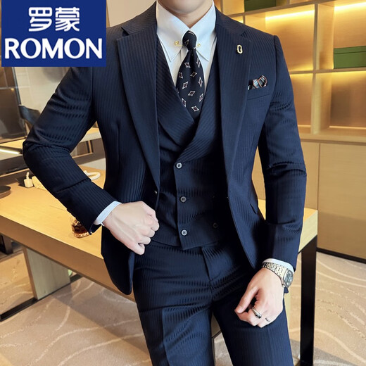 ROMON Striped Suit Men's Suit Business Casual Korean Style Slim Fashion Trend Versatile Groom Wedding Suit Brown/Single-piece Suit M