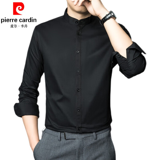 皮尔卡丹（pierre cardin）新中式立领衬衫男士长袖2025春秋季商务正装免烫职业白衬衣中针织 6629 黑色 M 【90-110斤】