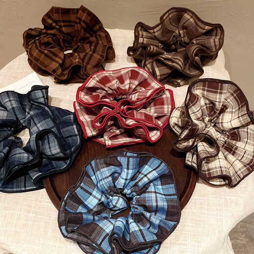 Let me shine Zhao Lusi's same style Korean navy blue plaid four-layer large intestine hair tie hair rope ball hair accessories Ruth's same style plaid headband