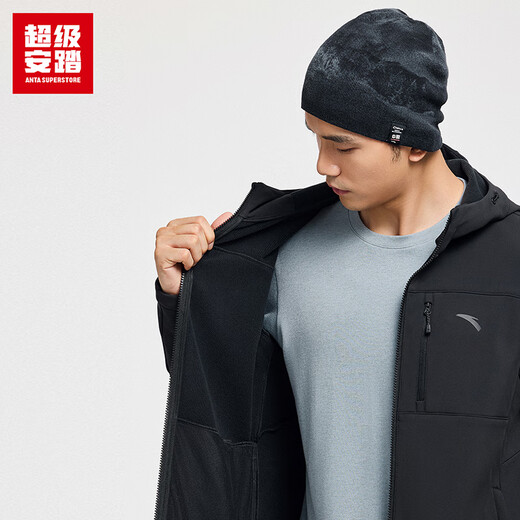 Super ANTA Cloud Shell丨Fleece Sports Jacket Men's Autumn and Winter Water-Repellent Hiking Commuting Jacket 152546607U Zipper Pocket Basic Black-6 L/Male 175