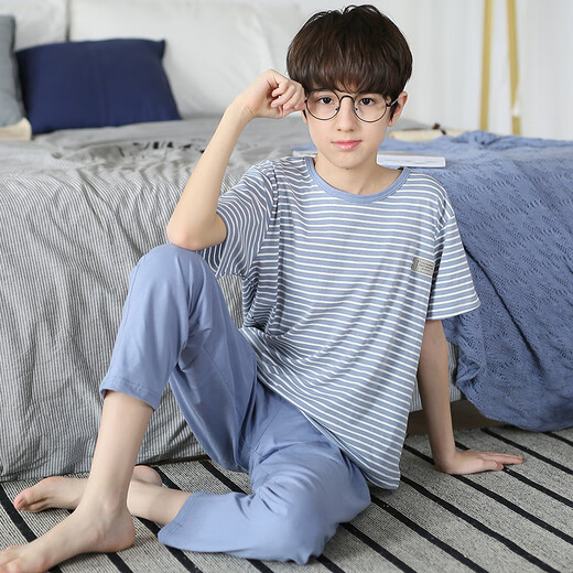 曼妮朵睡衣男童夏季新款短袖长裤男孩大童春秋青少年纯棉儿童空调家居服 N9901【短长】 165cm L码建议160-165cm