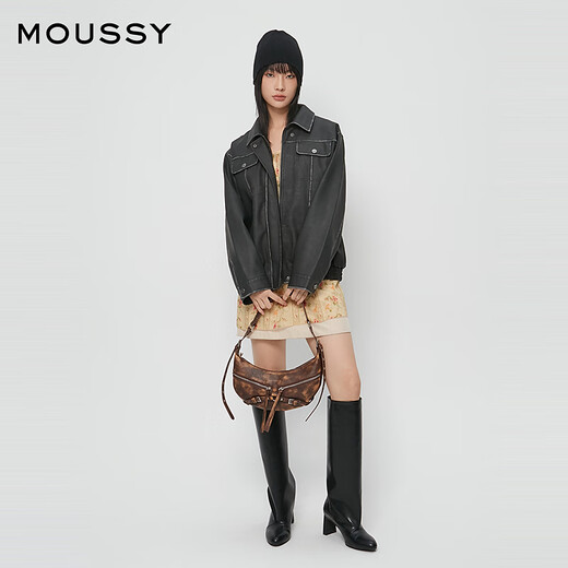 moussy 新品港风廓形皮衣飞行员夹克外套女028HAZ30-0201 020黑色 均码 00020/F