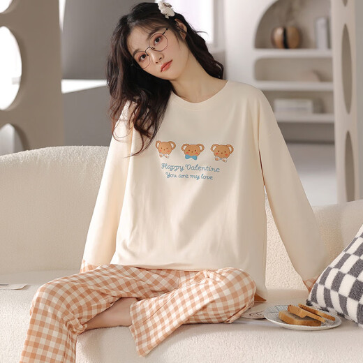 Langsha pajamas for women spring and autumn new long-sleeved round neck suit casual simple cotton women's home wear two-piece set can be worn outside AM-23457L [recommended 100-120 Jin [Jin equals 0.5 kg]]