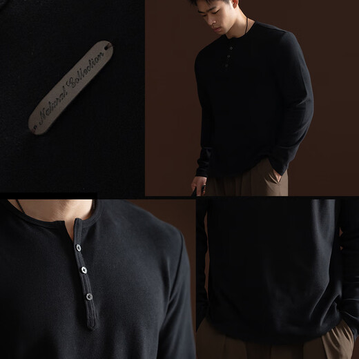 Monster Guardians long-sleeved fitness clothes for men, far infrared heating and warm sports tops, slim fit and skin-friendly two-color Henley shirt, black L