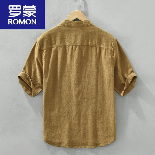 罗蒙（ROMON）中国风苎麻短袖男立领T恤棉麻复古休闲透气薄款亚麻半开衫短t 黑色 棉麻宽松水洗 XL 140-160斤