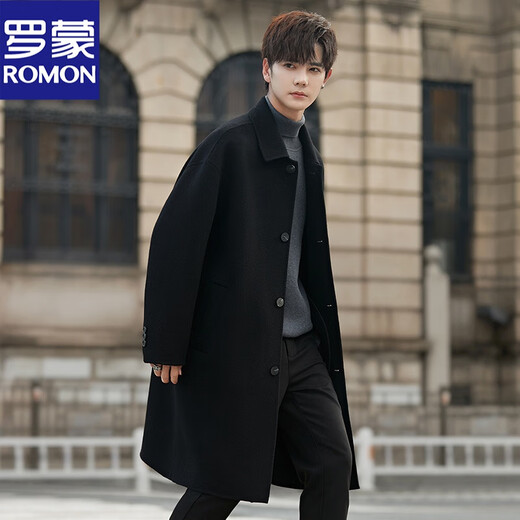 ROMON high-end 100% pure wool woolen coat men's double-sided wool coat mid-length knee-length winter thickened windbreaker black XL
